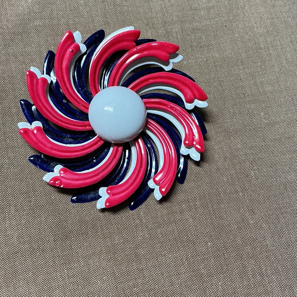 Vintage Swirl Flower Brooch in Red, Navy & White